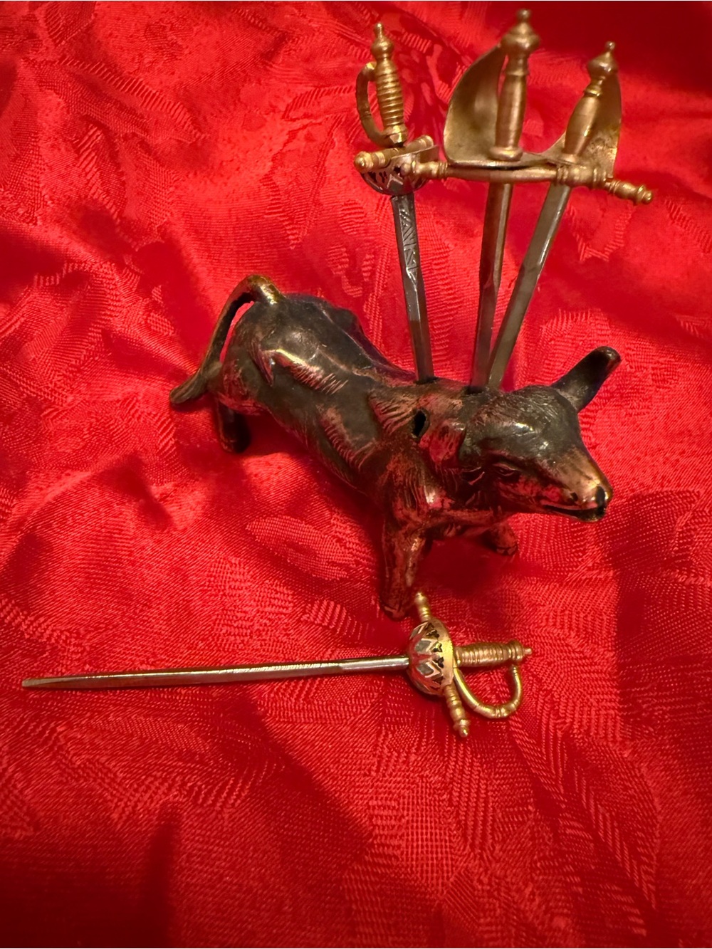 Vintage Bronze-Style Bull Toothpick Holder with Gold-Tone Picks